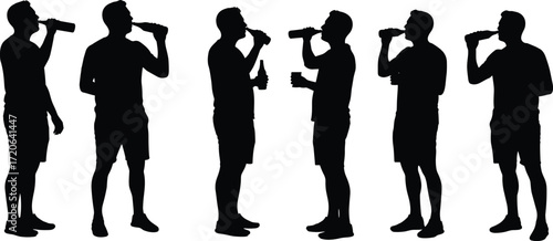 Man drinking silhouette, holding bottle, beverage refreshment, casual lifestyle, summer drink, standing male figure, black vector illustration, healthy hydration concept