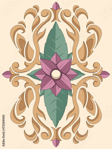 Ornate rococo design with central floral motif green leaves and swirling tan scrolls in symmetrical layout on soft background representing classical elegance and decorative refinement