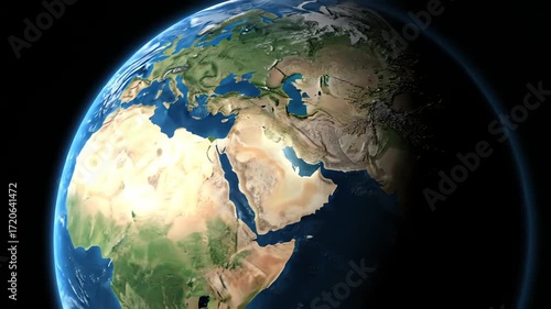 Earth rotating slowly in space, revealing continents and oceans with realistic atmosphere and lighting, showcasing the beauty of our planet.