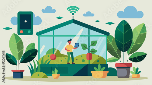 A smart greenhouse system that utilizes AI to monitor and control environmental conditions optimizing plant growth and reducing pest infestations.. Vector illustration
