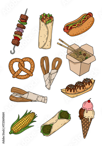 Set of  street food icons in hand drawn doodle style. Vector illustration with kebab skewer, burrito, hotdog, pretzel, noodles box, churros, takoyaki, falafel wrap, corn cob, ice cream cone