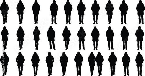 People silhouette collection, winter coat, standing figures, walking poses, black vector, outdoor clothing, group illustration, fashion design, human outline