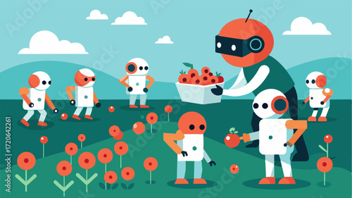 A swarm of miniature berry picking robots each with its own designated section of the field and communicating with each other to optimize work.. Vector illustration