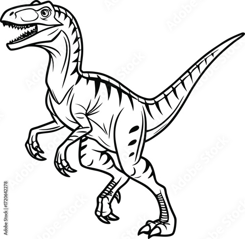 Dynamic velociraptor running line art illustration in cmyk and grayscale