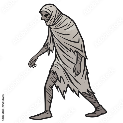 A Grim Reaper Figure Walking with Torn Robes and Hooded Face