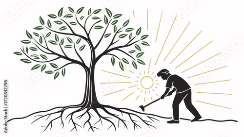 A Silhouetted Gardener Tending a Majestic Tree Under Sunny Skies