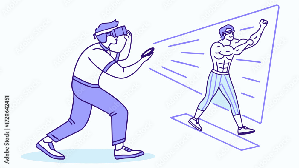 Obraz premium Immersive VR Fitness Man with Headset Interacting with Virtual Muscular Avatar
