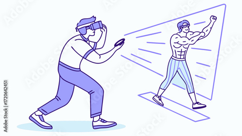 Immersive VR Fitness Man with Headset Interacting with Virtual Muscular Avatar