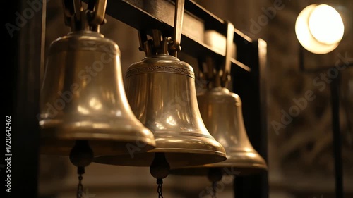 Three bronze bells hanging in a church tower, ready to ring out across the town during a celebration, creating a joyful atmosphere.