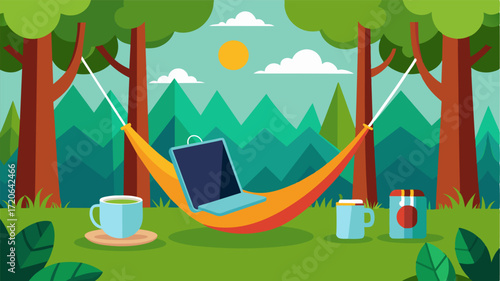 A hammock strung up between two trees with a tablet propped up and a coffee mug on the ground capturing the laidback lifestyle of a digital nomad in the countryside.. Vector illustration