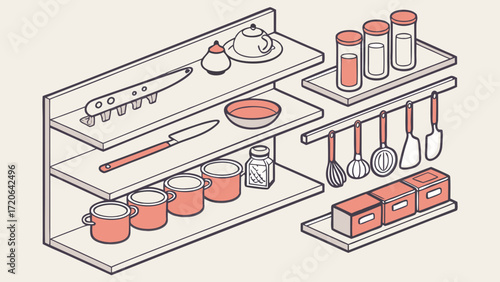 Isometric Kitchenware Illustration Shelves with Pots Utensils and Jars