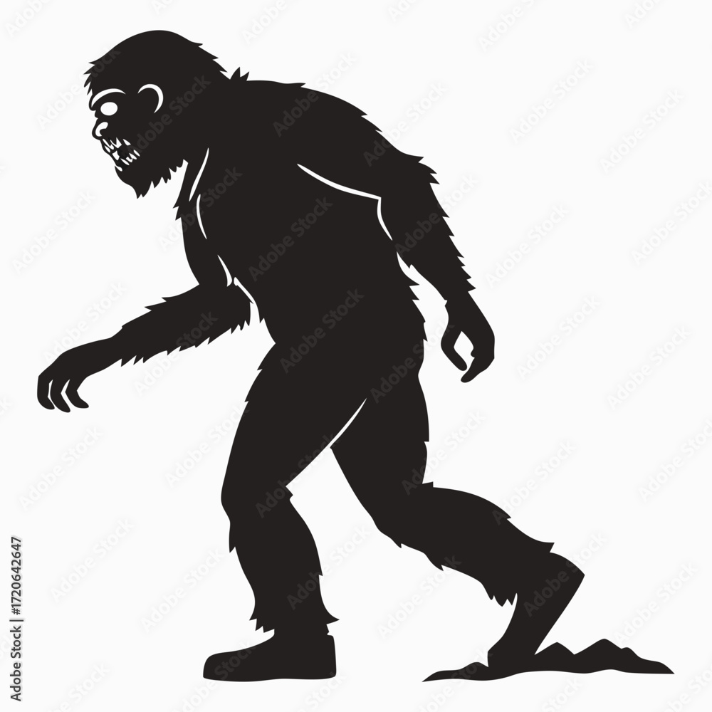 Fototapeta premium Silhouette of a Hairy Bipedal Cryptid with Forward Stance and Open Mouth