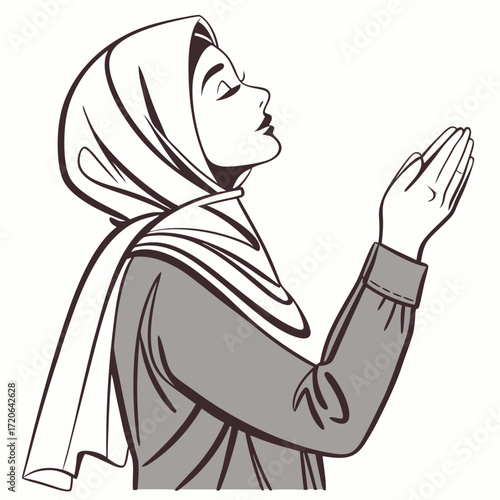 Serene Muslim Woman in Hijab Praying with Hands Raised in Supplication