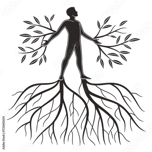 Silhouette of a man standing on tree roots with branches and leaves