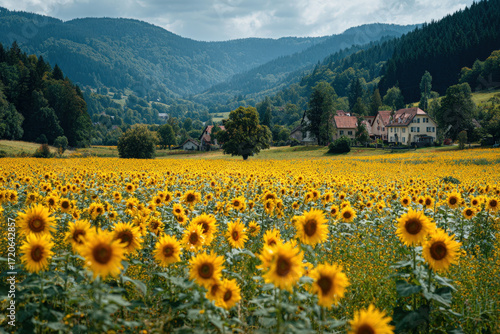Vast sunflower field glowing under golden evening light to the distant horizon