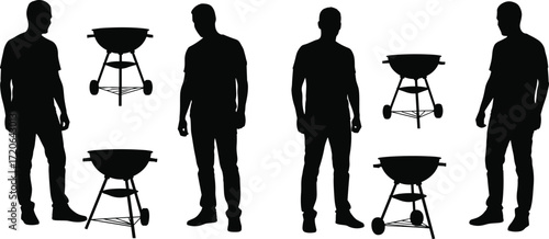 Silhouette man with barbecue grill, outdoor cooking vector, BBQ party design, black shadow people, summer lifestyle illustration, grilling concept art