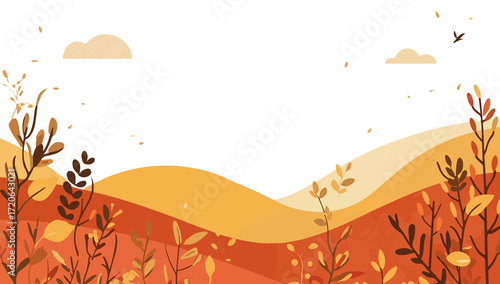 Autumn background with warm earthy tones of orange, yellow, and red, featuring simple flat design elements with png Transparent design