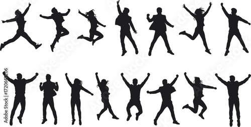 Silhouette group of people jumping in celebration, happy energetic poses, black outline vector illustration, success concept, teamwork, dance, party, joy