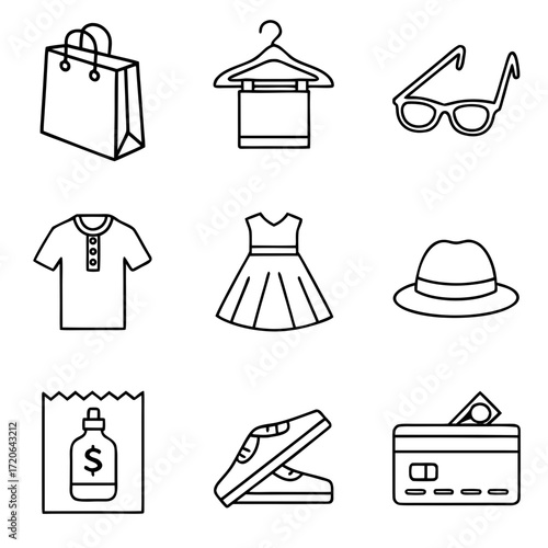 “Flat outline icons — shopping bag, clothes hanger, t-shirt, dress, shoes, hat, sunglasses, perfume, credit card, checkout — thin stroke vector, trendy design.”