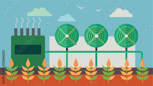 A system of automated exhaust fans that turn on when the temperature rises above a predetermined threshold preventing heat stress on crops.. Vector illustration