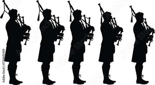 Silhouette of bagpiper musician, man playing bagpipes, traditional Scottish music, kilt costume, folk instrument, cultural performance, black vector illustration