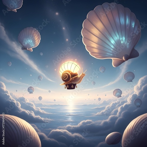 Whimsical Journey A Surreal Dreamscape with Shells, Snails, and a Celestial Light