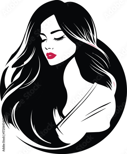 portrait of a woman with long black hair, red lips, dramatic makeup, female face close-up, high contrast, minimalist black and white illustration, digital art
