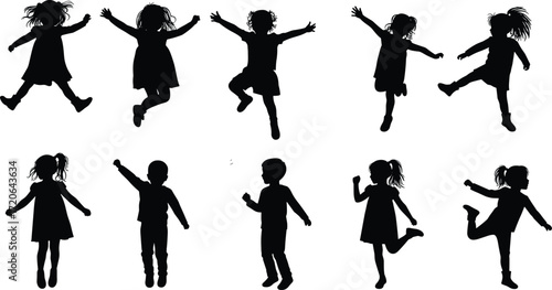 Silhouette of children jumping, happy kids playing, joyful childhood moments, active lifestyle, fun activity, playful silhouettes, freedom, expression, happiness
