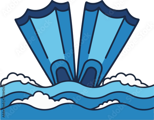 Cartoon Diving Fins in Water Waves Illustration