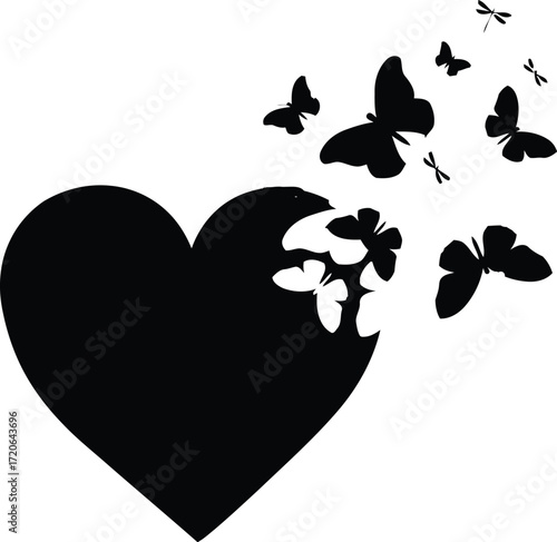 Heart with Butterfly: A striking silhouette of a heart, partially transforming into delicate butterflies, evoking themes of metamorphosis and freedom, all against a clean backdrop.