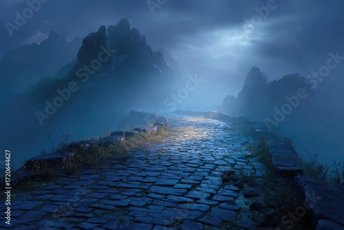 A cobblestone path winds through a misty, mountainous landscape under a dark, brooding sky, illuminated by an ethereal glow