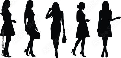 Silhouette of elegant women standing and walking, fashion female figure illustration, stylish women in dress and heels, modern vector art