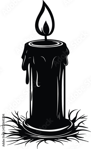 Illuminated Ritual: A stylized candle, its dark form contrasts vividly, with its flickering flame. A symbolic representation of light, warmth, and remembrance. 