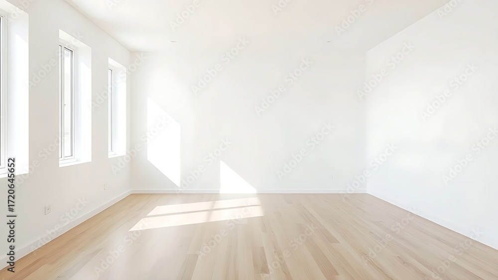 Obraz premium Minimalist living room featuring white walls and wooden floors, bathed in natural ambient light for a clean aesthetic.