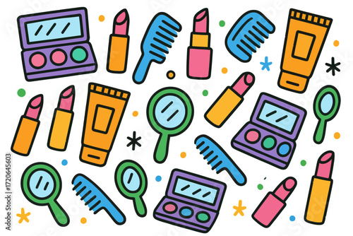 Colorful Makeup and Beauty Tools Pattern on Transparent Background for Cosmetics and Beauty Industry