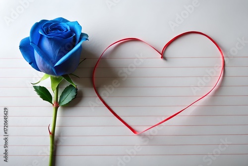 Blue rose and red heart symbol on a white wooden background