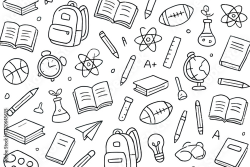 School Supplies Pattern with Books Backpack Science Test Tube Notebook Pen Globe