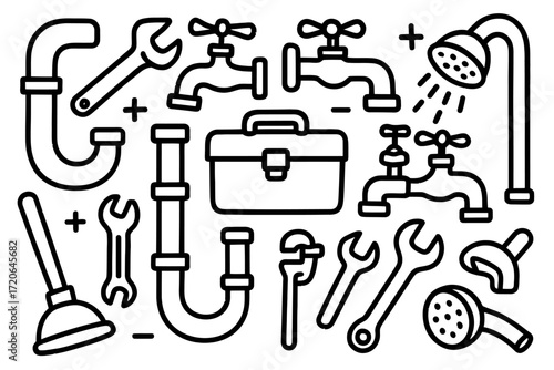 Assorted Plumbing Tools and Pipes in Workshop Setting for Repair and Maintenance