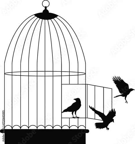black and white silhouette, bird cage, bird perched on cage, minimalist style, intricate details, digital art
