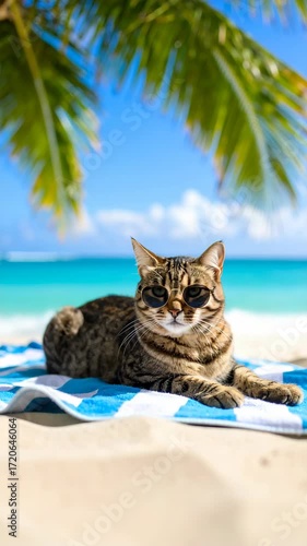 Relaxed tabby cat wearing sunglasses lounging on a blue and white striped towel at a tropical beach under palm tree fronds on a sunny day.