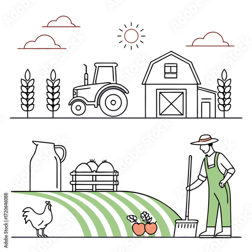 “Flat outline farming icons — tractor, barn, wheat, cow, chicken, milk jug, vegetables, farmer, plow, irrigation — thin stroke vector, clean set.”