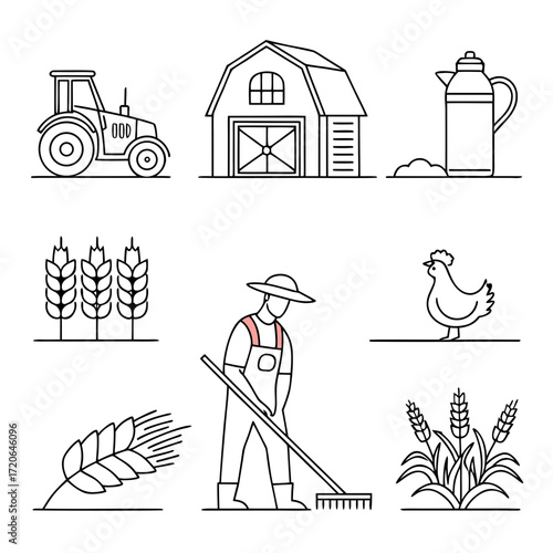 “Flat outline farming icons — tractor, barn, wheat, cow, chicken, milk jug, vegetables, farmer, plow, irrigation — thin stroke vector, clean set.”