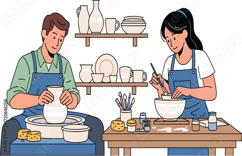 Man and woman making pottery, ceramic art workshop, creative craft activity, handmade clay design, teamwork, artistic skills, pottery class, studio