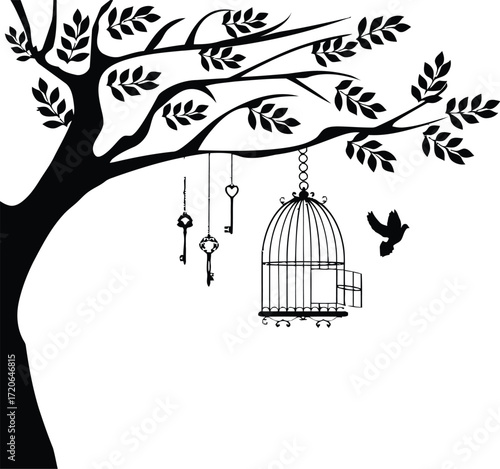 a beautiful silhouetted tree with a bird cage hanging from one of the branches, intricate leaf patterns, minimalist, black and white, detailed, digital art, illustration
