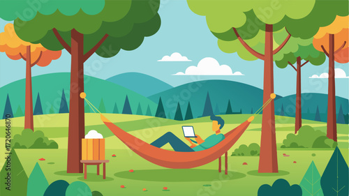 A freelancer setting up a hammock between two trees in a serene meadow using it as their temporary office for the day.. Vector illustration