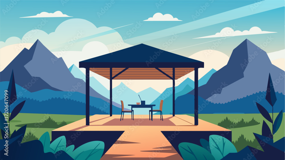Naklejka premium An openair pavilion with a breathtaking view of the surrounding mountains and a desk and chair for work.. Vector illustration