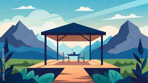 An openair pavilion with a breathtaking view of the surrounding mountains and a desk and chair for work.. Vector illustration