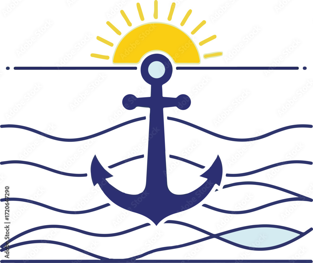 Naklejka premium Nautical Anchor with Sun and Waves Illustration