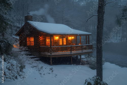 A cabin surrounded by snow, overlooking a serene lake.