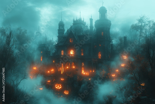 Castle surrounded by pumpkins in foggy ambiance.
